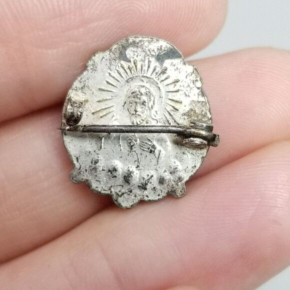 Vintage Madonna and Child Blue Enamel and Silver Tone Brooch, C Clasp, Estate - Picture 7 of 7